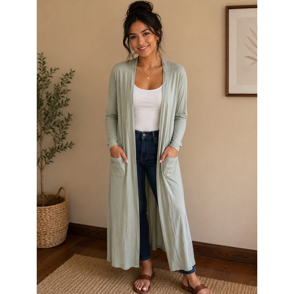 NWT Womens‎ Sage Green Open Front Maxi Duster Cardigan with Pockets Size S Layer